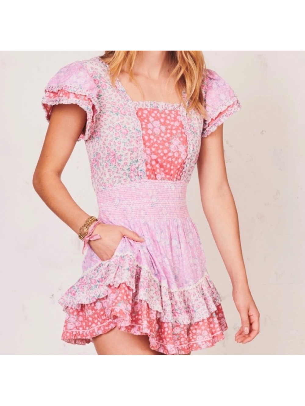 LoveShackFancy Stanton Patchwork Floral Print Mini Dress